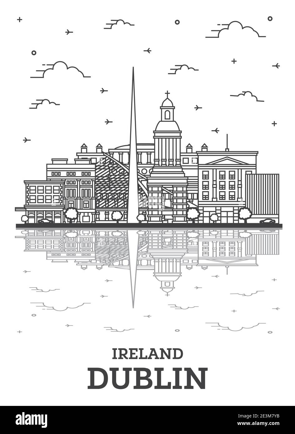 Dublin Irlande Aperçu sur les toits de la ville avec ses bâtiments historiques et réflexions isolé sur blanc. Vector Illustration. La ville de Dublin avec repères. Illustration de Vecteur