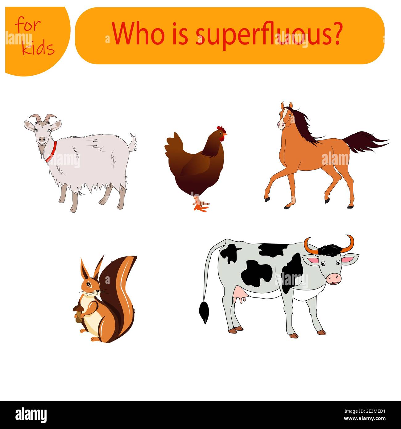 Trouvez un animal supplémentaire. Chèvre, poulet, cheval, vache, écureuil. Illustration de Vecteur