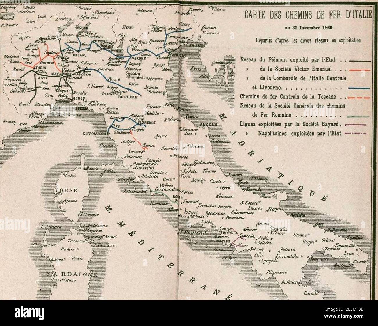 MAPPA ferrovie Italiane al 1860. Banque D'Images