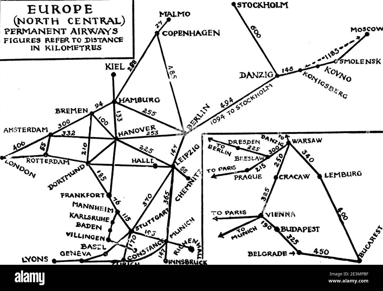 Carte des itinéraires aériens européens en 1925. Banque D'Images