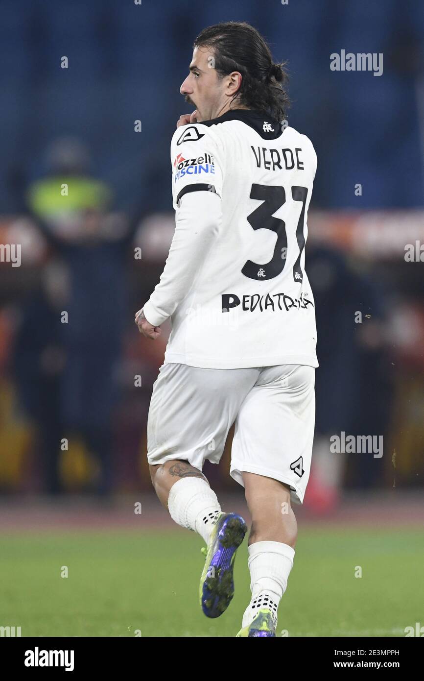 Rome, Italie. 19 janvier 2021. ROME, ITALIE - janvier 19 : Daniele Verde de Spezia célèbre le but lors du match de football de la coupe Tim des quatre-vingts entre AS Roma et Spezia Stadio Olimpico le 19 janvier 2021 à Rome Italie/LiveMedia Credit: Claudio Pasquazi/LPS/ZUMA Wire/Alay Live News Banque D'Images
