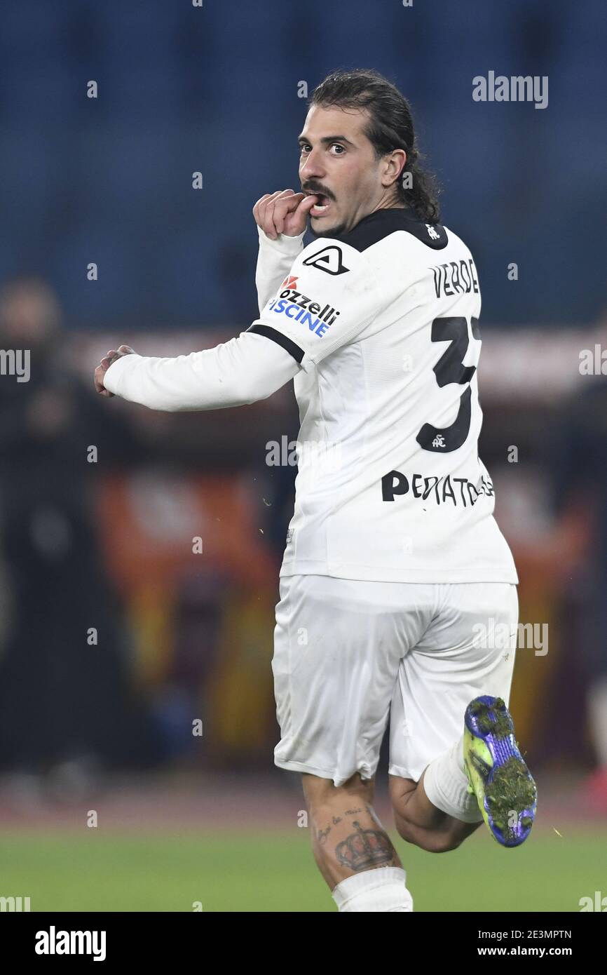 Rome, Italie. 19 janvier 2021. ROME, ITALIE - janvier 19 : Daniele Verde de Spezia célèbre le but lors du match de football de la coupe Tim des quatre-vingts entre AS Roma et Spezia Stadio Olimpico le 19 janvier 2021 à Rome Italie/LiveMedia Credit: Claudio Pasquazi/LPS/ZUMA Wire/Alay Live News Banque D'Images