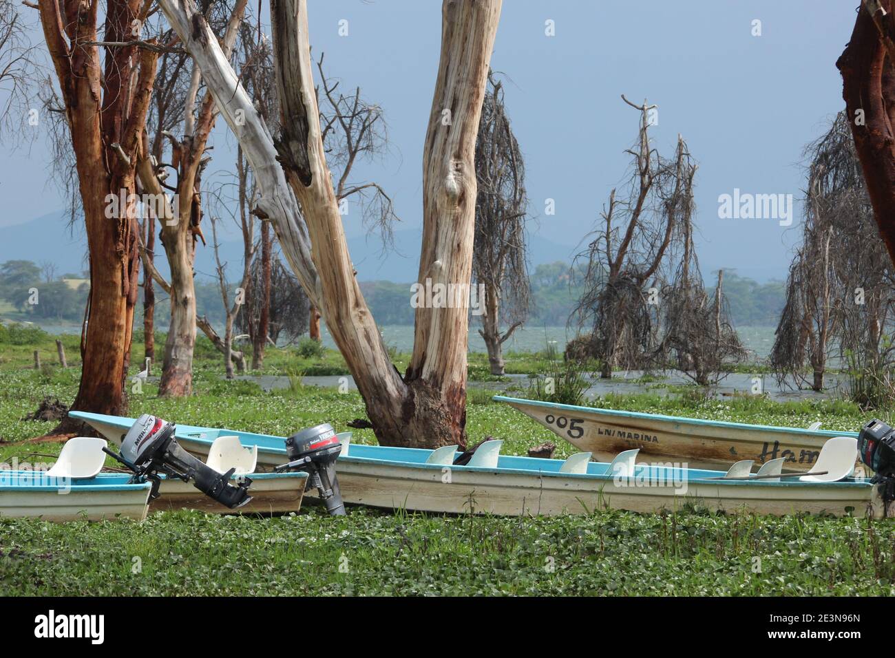 Les bateaux sont laissés inactifs sur les rives du lac Naivasha Au Kenya Banque D'Images