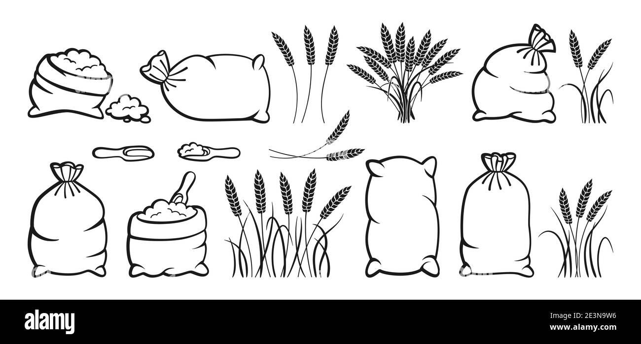 Sac de farine et d'épis de blé, ensemble de croquis. Farine de tas, collection d'épillets de grain. Contour croque de pain et de récolte agricole symbole production de farine. Concevoir un vecteur d'étiquette d'emballage biologique agricole Illustration de Vecteur
