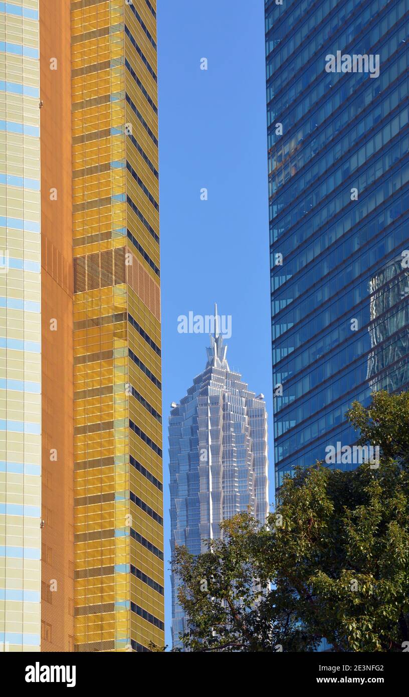 Gratte-ciel et architecture modernes de Shanghai, vue depuis le niveau de la rue. Un bâtiment semble toujours être flanqué d'un autre partout où vous regardez. Banque D'Images