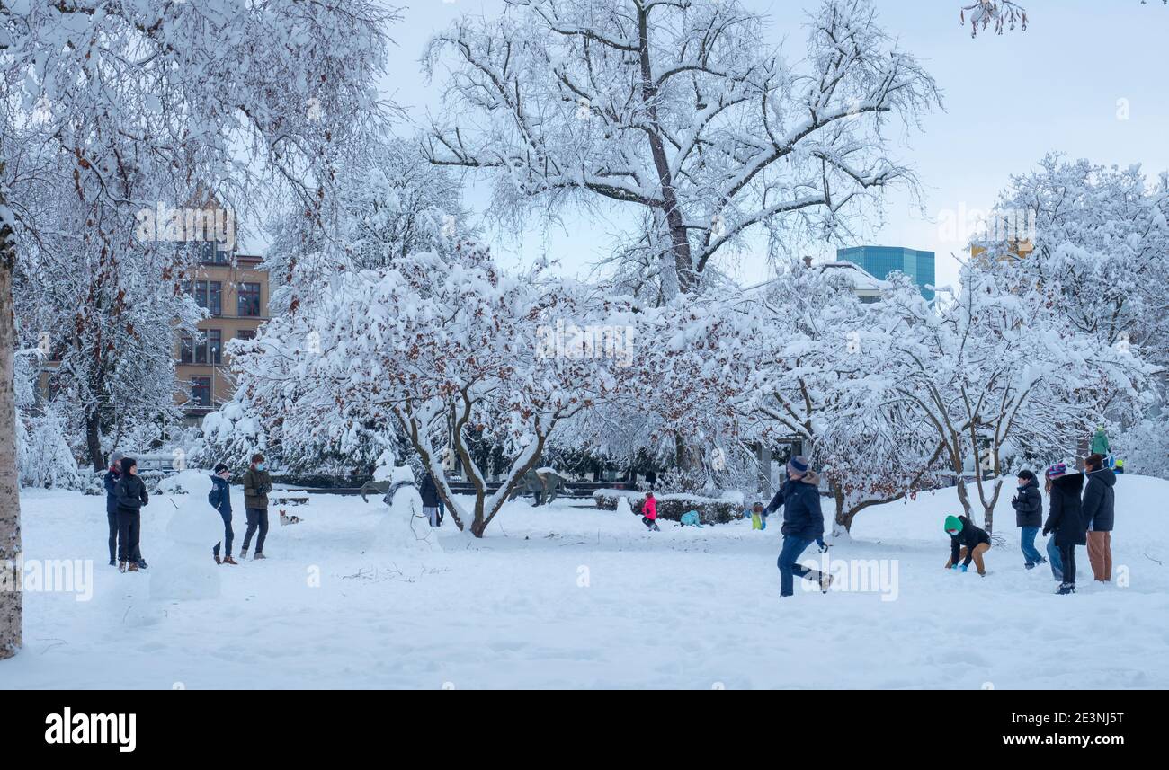 Zurich, Suisse - 15 janvier 2021 : combat de boules de neige à Baeckeranlage Banque D'Images