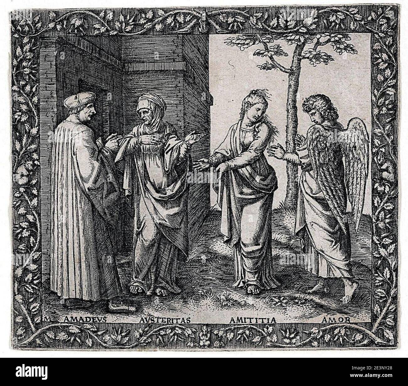 Marcantonio Raimondi - Amadeus Berruti avec Austeritas, Amititia et Amor. Banque D'Images Marcantonio Raimondi - Amadeus Berruti avec Austeritas, Amititia et Amor. Banque D'Images