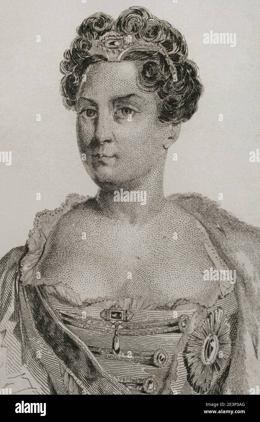 Catherine I de Russie (1684-1727). Elle devint la deuxième épouse de Pierre le Grand et impératrice de Russie (1725-1727). Gravure par Lemaitre, Vernier et Pannier. Histoire de la Russie par Jean Marie Chopin (1796-1870). Panorama Universal, édition espagnole, 1839. Banque D'Images