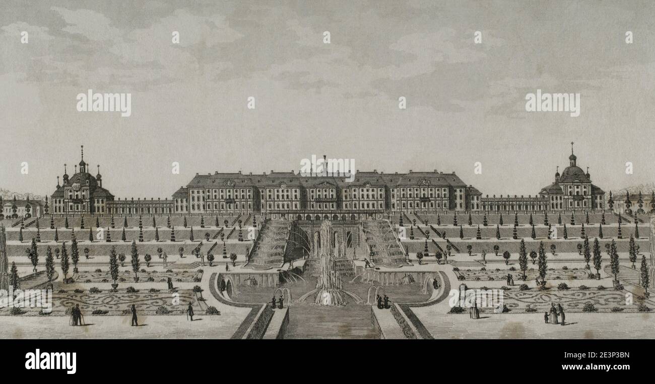 Russie. Palais Peterhof. Vue panoramique du complexe, construit près de Saint-Pétersbourg, formé par le Grand Palais, la Grand Cascade et les jardins. Style baroque pétrine. Il a été commisié par Pierre le Grand. Domenizo Trezzini a été l'architecte entre 1714 et 1728. Gravure par Lemaitre et Huguenet. Histoire de la Russie par Jean Marie Chopin (1796-1870). Panorama Universal, édition espagnole, 1839. Banque D'Images