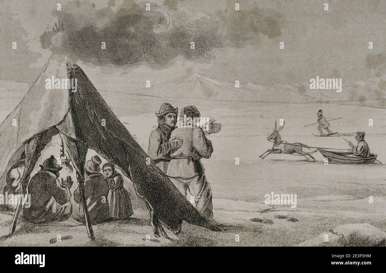 Laponie. Laplante dans une tente. Gravure par Lemaitre, Vernier et Chaillot. Histoire de la Russie par Jean Marie Chopin (1796-1870). Panorama Universal, édition espagnole, 1839. Banque D'Images Laponie. Laplante dans une tente. Gravure par Lemaitre, Vernier et Chaillot. Histoire de la Russie par Jean Marie Chopin (1796-1870). Panorama Universal, édition espagnole, 1839. Banque D'Images