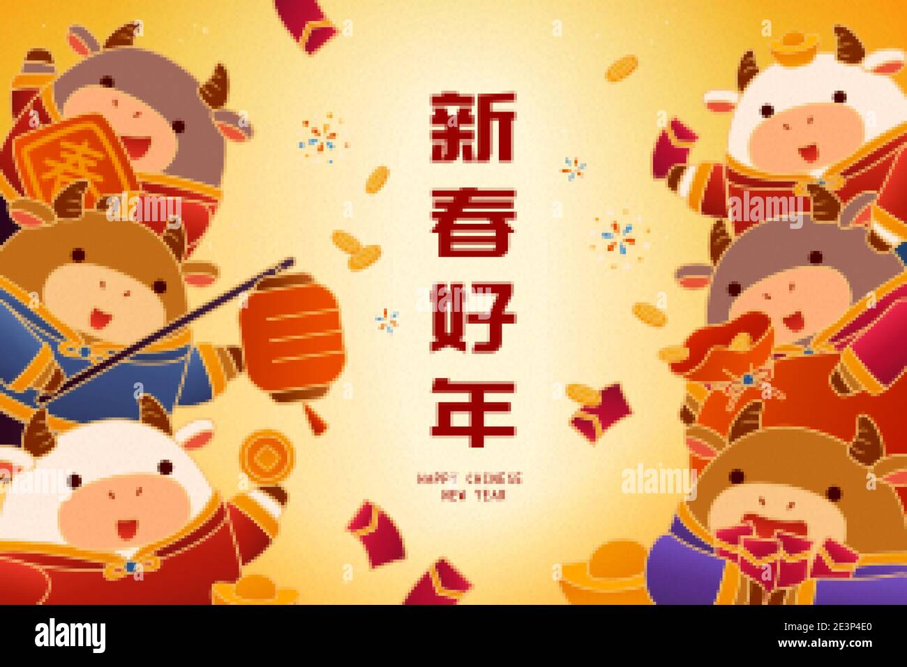 2021 fond de message d'accueil CNY. Les petites vaches ont des objets CNY. Concept du signe du zodiaque chinois ox. Traduction: Bonne année lunaire Illustration de Vecteur