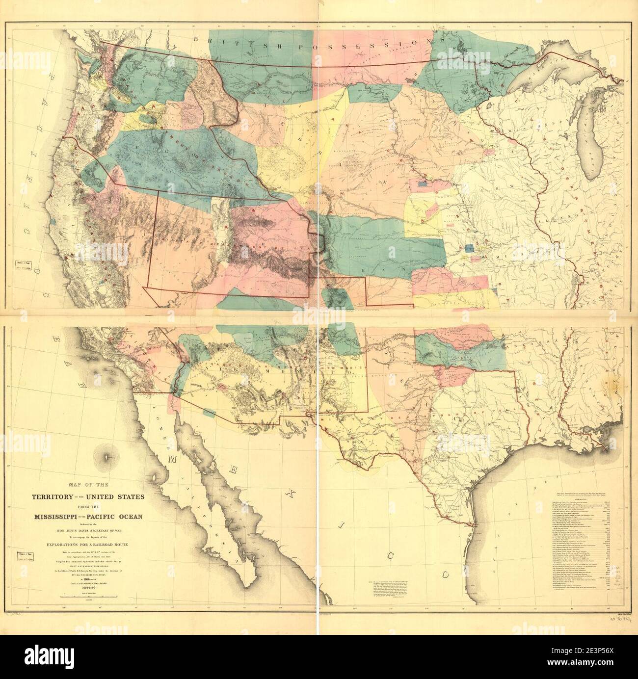 Carte du territoire des États-Unis du Mississippi à l'océan Pacifique; ordre de Jeff'n Davis, secrétaire de la guerre, d'accompagner les rapports des explorations d'une voie ferrée. Banque D'Images