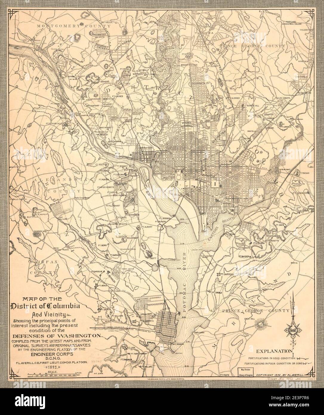Carte du District de Columbia et des environs montrant le principaux points d'intérêt, y compris la condition actuelle du Les défenses de Washington Banque D'Images