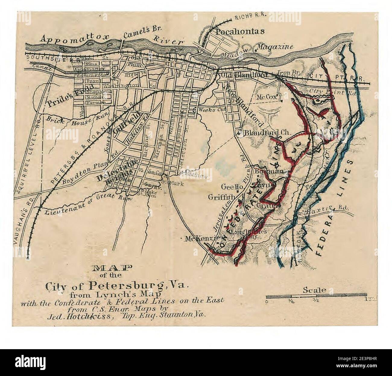 Carte de la ville de Petersbourg, Virginie - depuis la carte de Lynch - avec les lignes confédérées et fédérales à l'est Banque D'Images