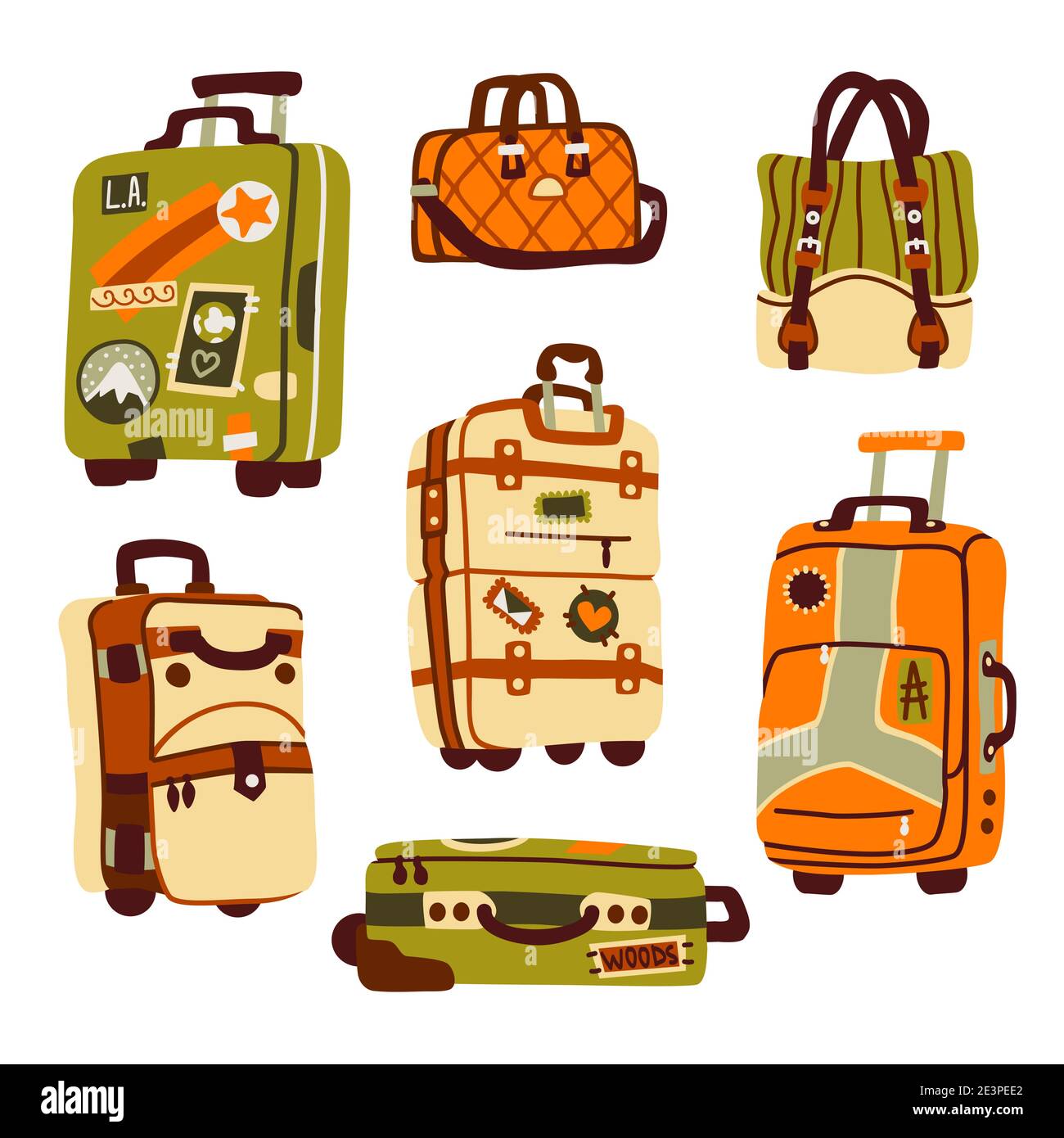 Sacs à bagages, valises et sacs à dos pour le voyage et les vacances.  Ensemble de sacs de voyage Vector plat pour bagages et valises avec roues,  ceintures et autocollants isolés sur