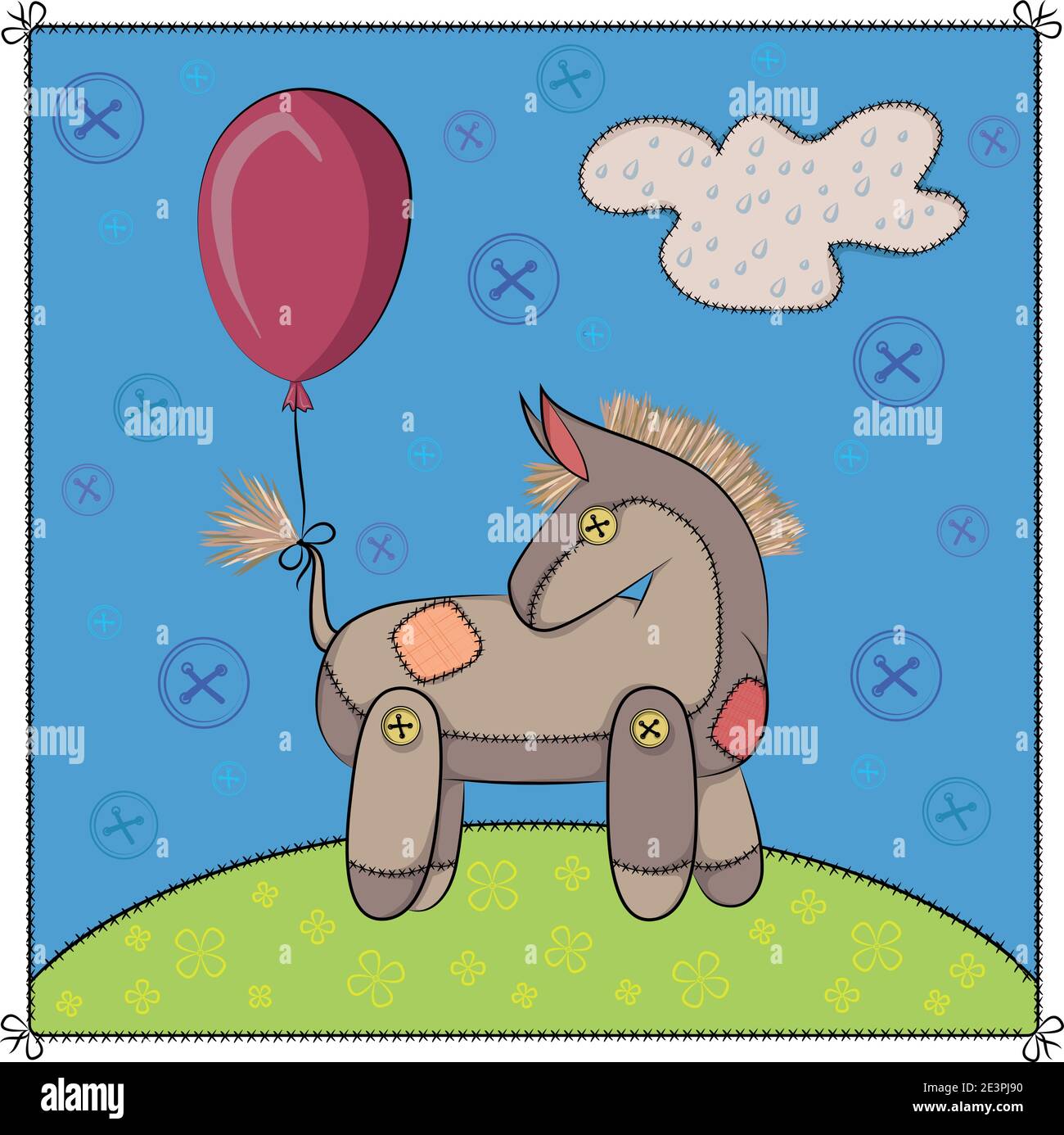 Illustration de couleur avec un âne jouet dans une clairière avec un ballon. Illustration de Vecteur