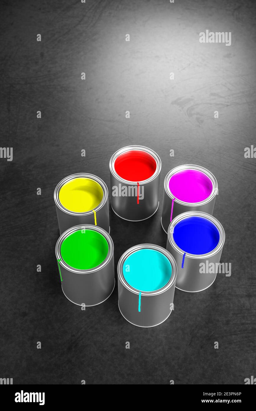 Les pots de peinture construisent une roue de couleurs avec les couleurs primaires RVB du modèle de couleur additive (rouge, vert, bleu) utilisé pour les moniteurs et le col de processus CMY Banque D'Images