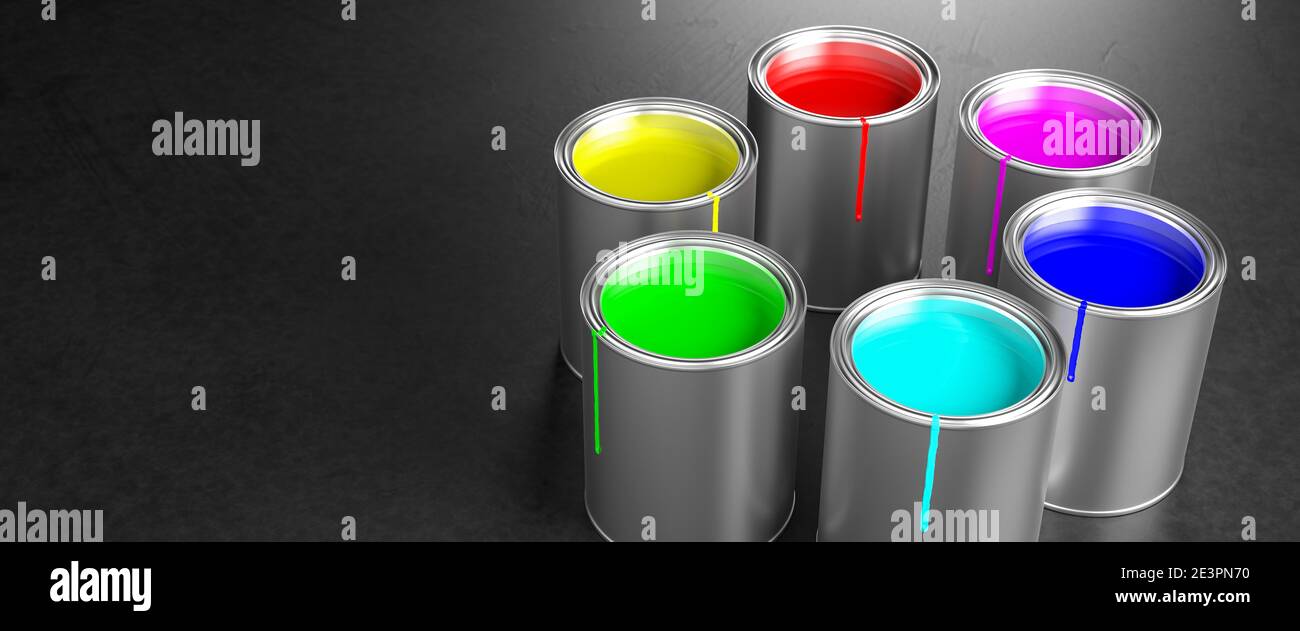 Les pots de peinture construisent une roue de couleurs avec les couleurs primaires RVB du modèle de couleur additive (rouge, vert, bleu) utilisé pour les moniteurs et le col de processus CMY Banque D'Images