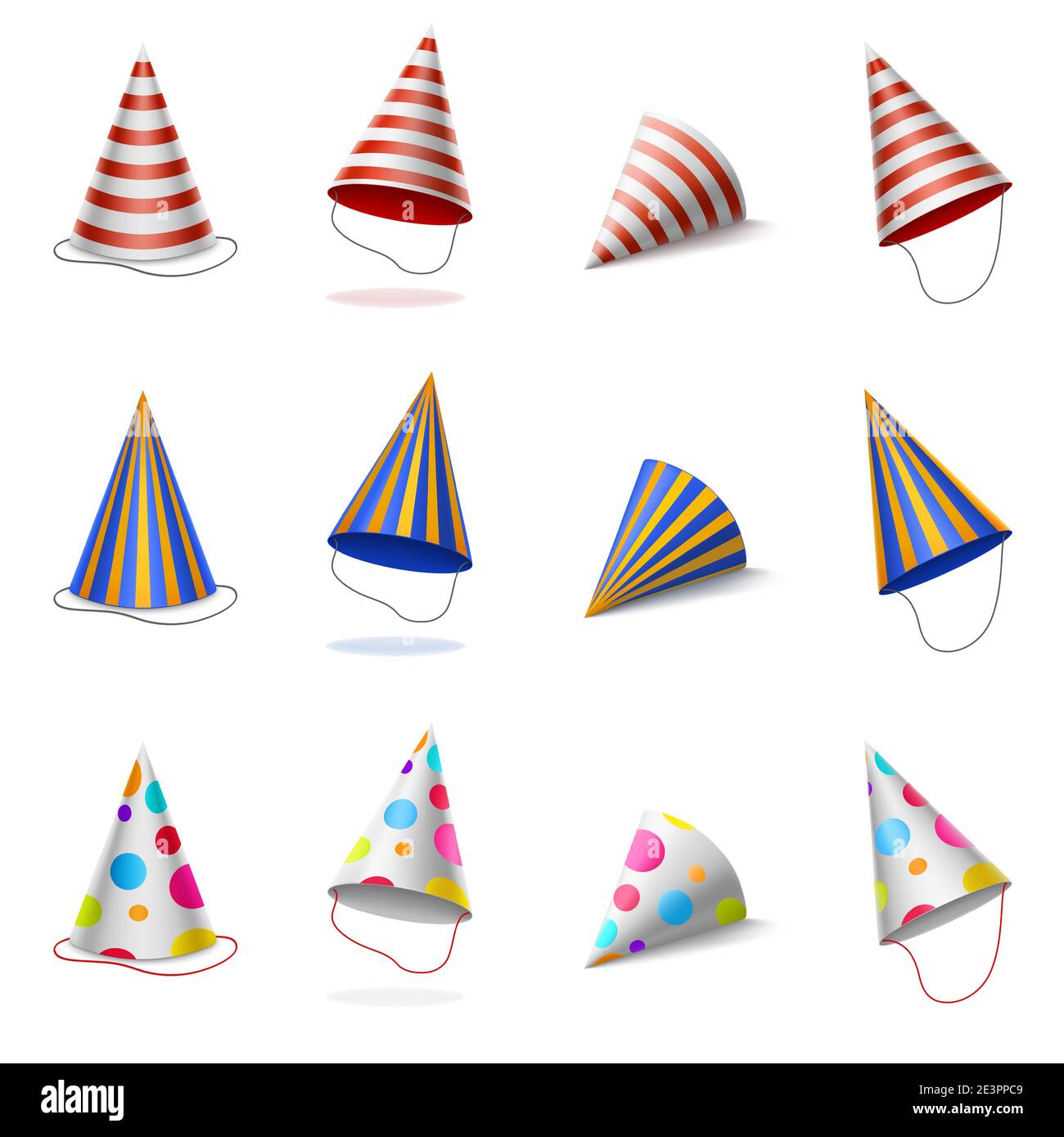 Chapeaux de fête, casquettes colorées d'anniversaire avec rayures et motif à pois, cônes en carton pour fête d'anniversaire ou de fête d'anniversaire isolés sur fond blanc, illustrations vectorielles 3d réalistes, jeux d'icônes Illustration de Vecteur