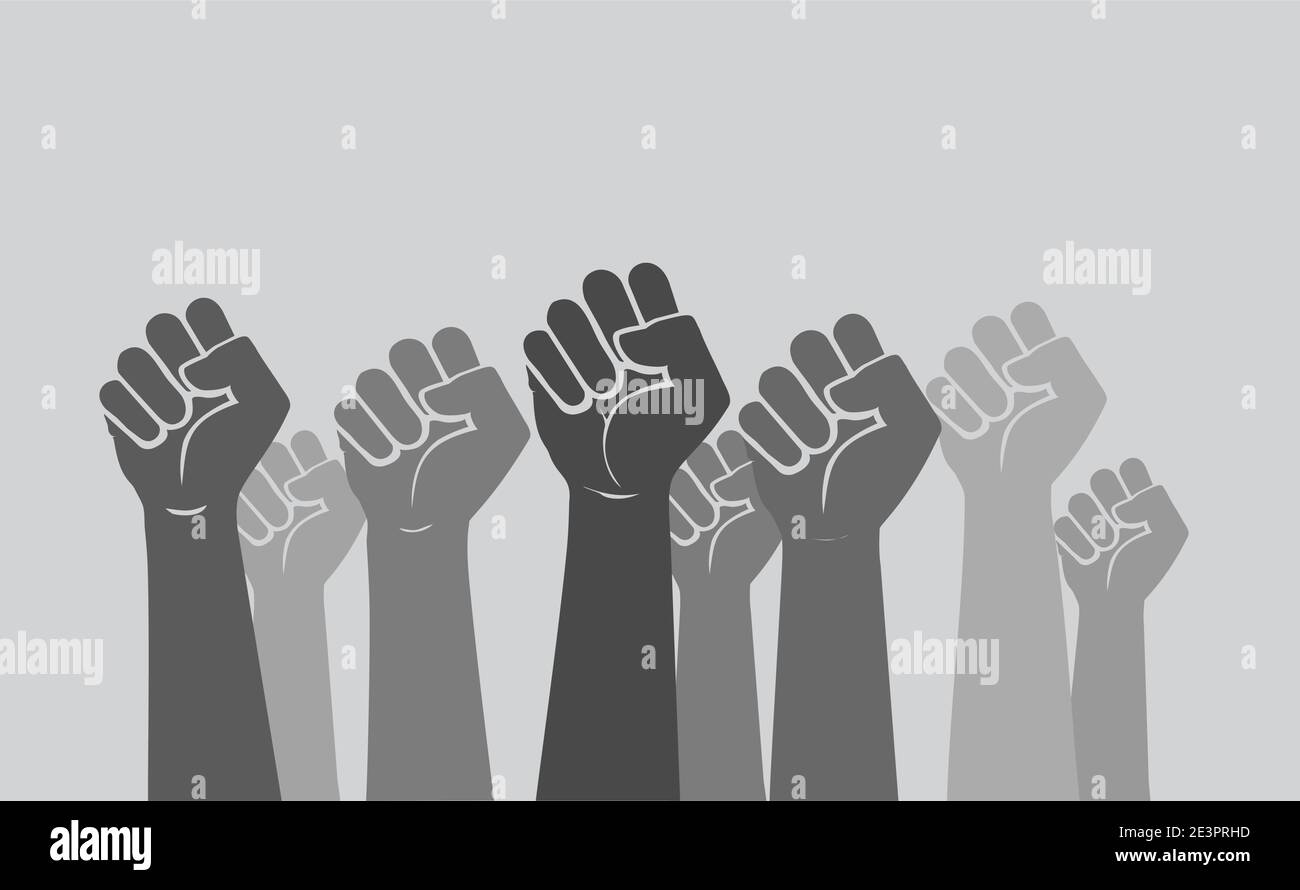 Mains et poings humains multiraciaux élevés dans les airs - symbole de solidarité, de protestation, de diversité et d'inclusion. Illustration vectorielle en niveaux de gris des personnes Illustration de Vecteur