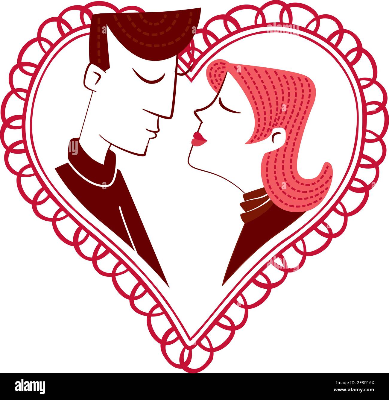 Un garçon et une fille baiser sur un fond en forme de coeur. Illustration de Vecteur