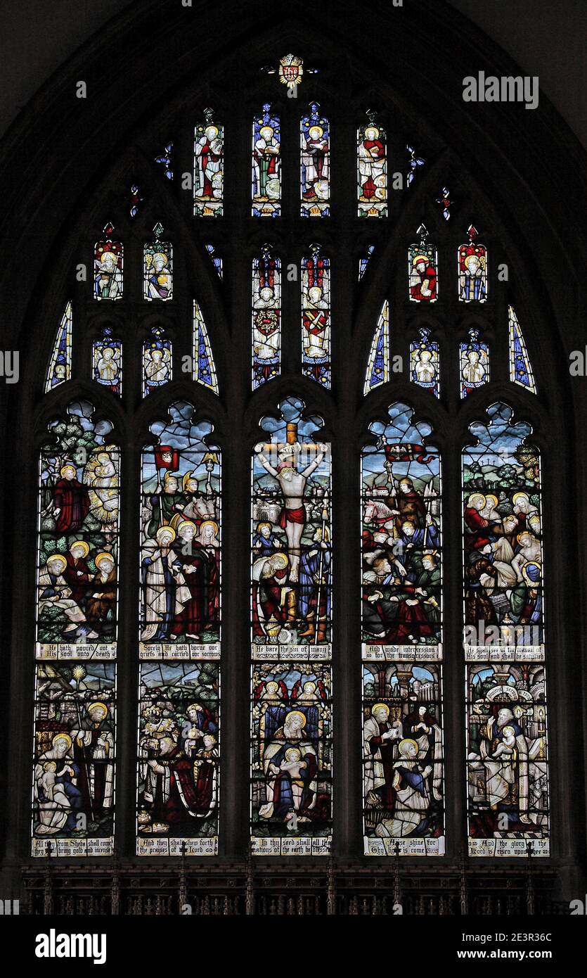 Vitraux de C E Kempe & Co. Représentant des scènes de la vie de Jésus, de l'église St Andrew, de Whissendine, de Rutland Banque D'Images