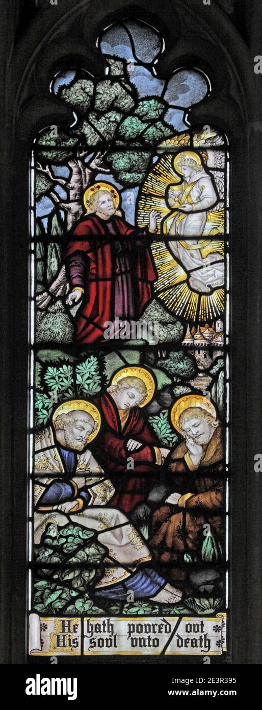 Vitraux de C E Kempe & Co. Représentant l'agonie du Christ, l'église St Andrew, Whissendine, Rutland Banque D'Images