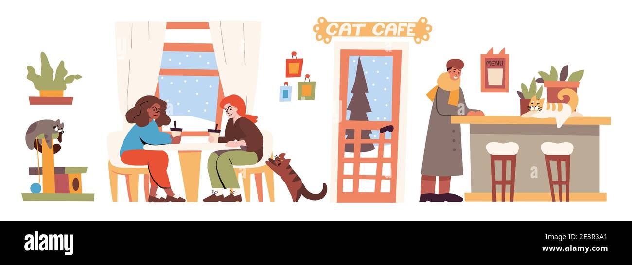 Intérieur de café Cat avec des personnes et des animaux de compagnie. Illustration vectorielle plate d'un café avec des chatons sur le comptoir et tour d'escalade pour chats, des femmes assises à une table, un homme, des plantes et un arrière-plan hivernal derrière les fenêtres Illustration de Vecteur
