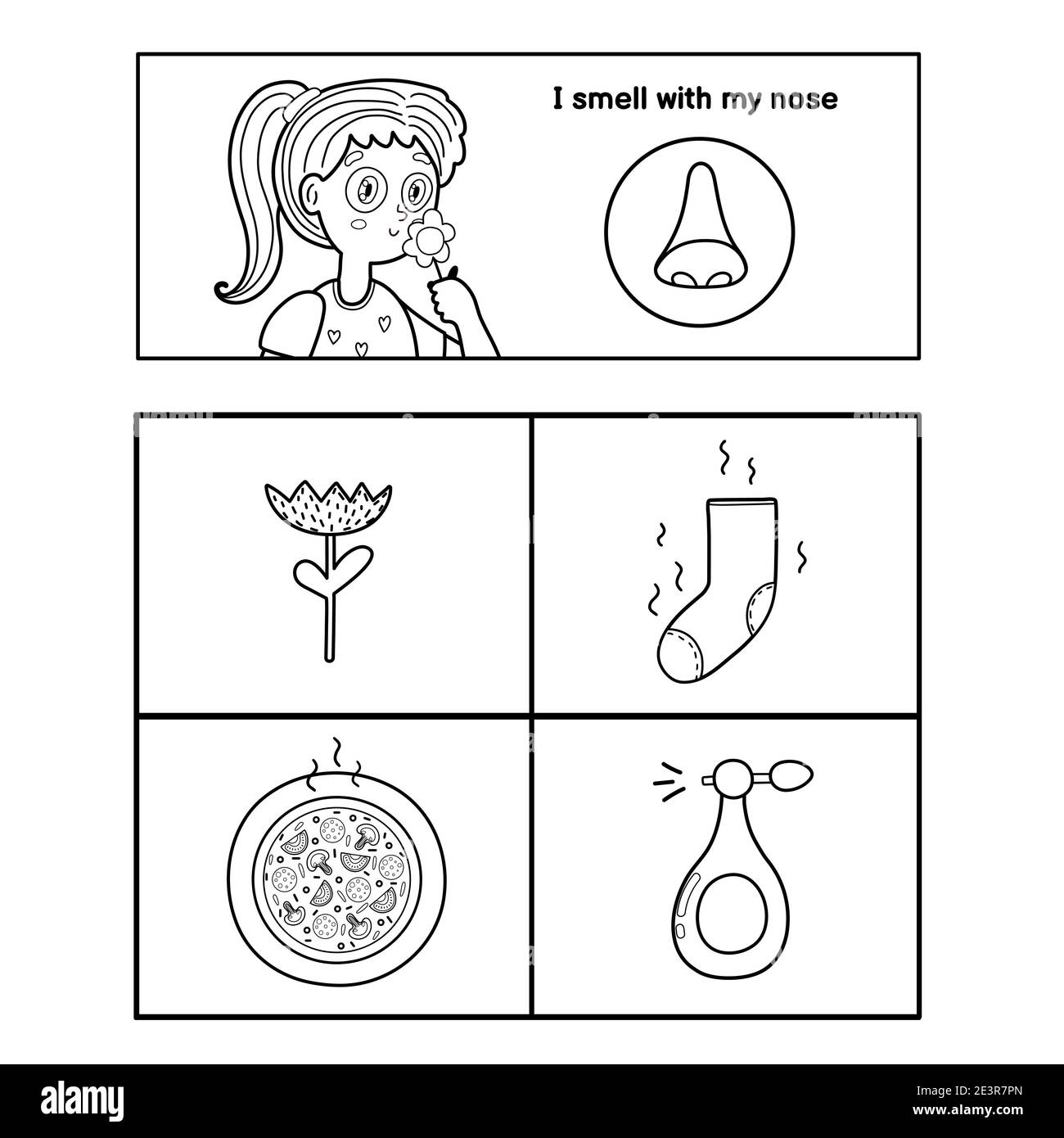 Affiche en noir et blanc Five Senses. Page de coloriage odorant pour enfants Illustration de Vecteur
