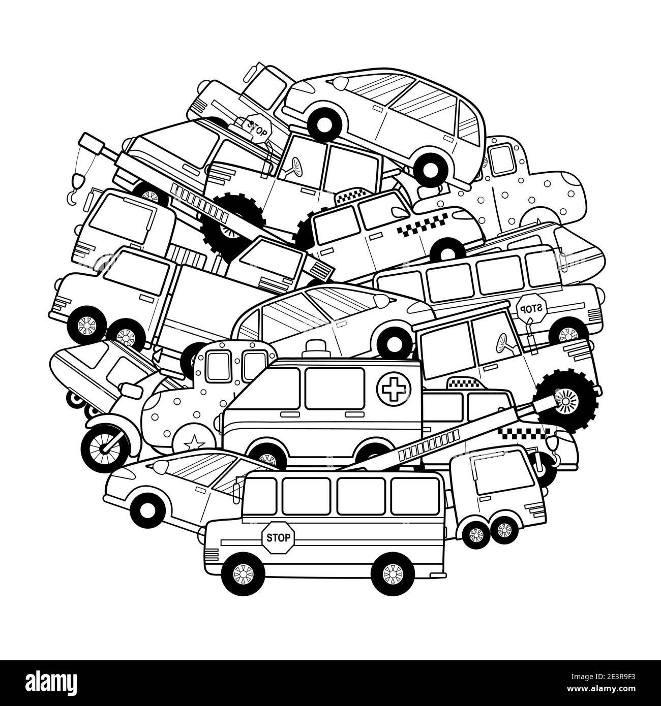 Page de coloriage en forme de cercle avec les véhicules à moteur. Impression noir et blanc de voitures pour livre de coloriage Illustration de Vecteur