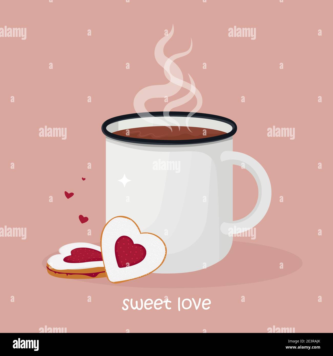 Tasse de chocolat chaud ou de café avec biscuits en forme de coeur avec confiture. Carte de vœux pour la Saint-Valentin. Illustration vectorielle Illustration de Vecteur