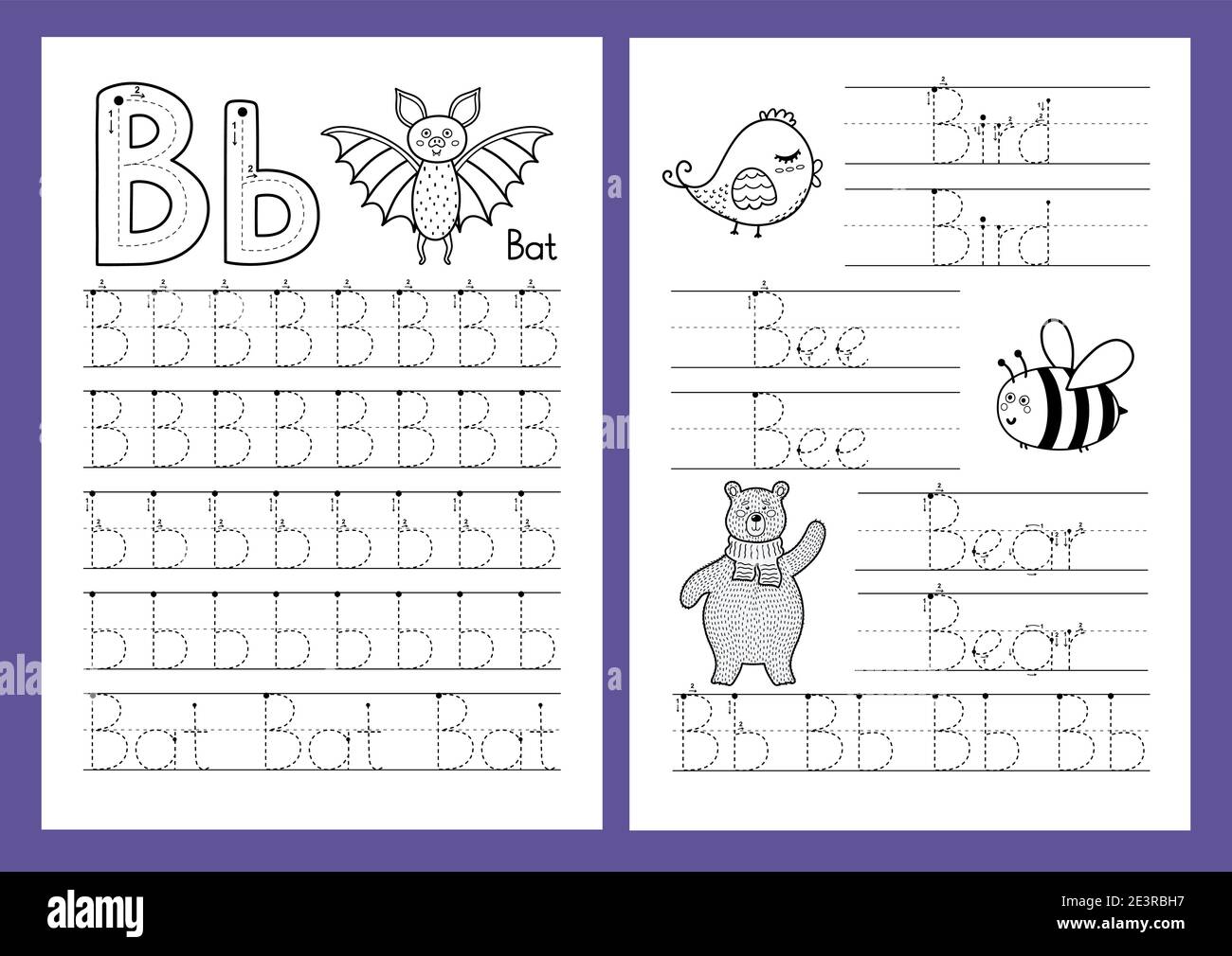 Lettre B. ensemble de feuilles de travail d'entraînement au traçage. Page d'activité de l'alphabet d'apprentissage Illustration de Vecteur