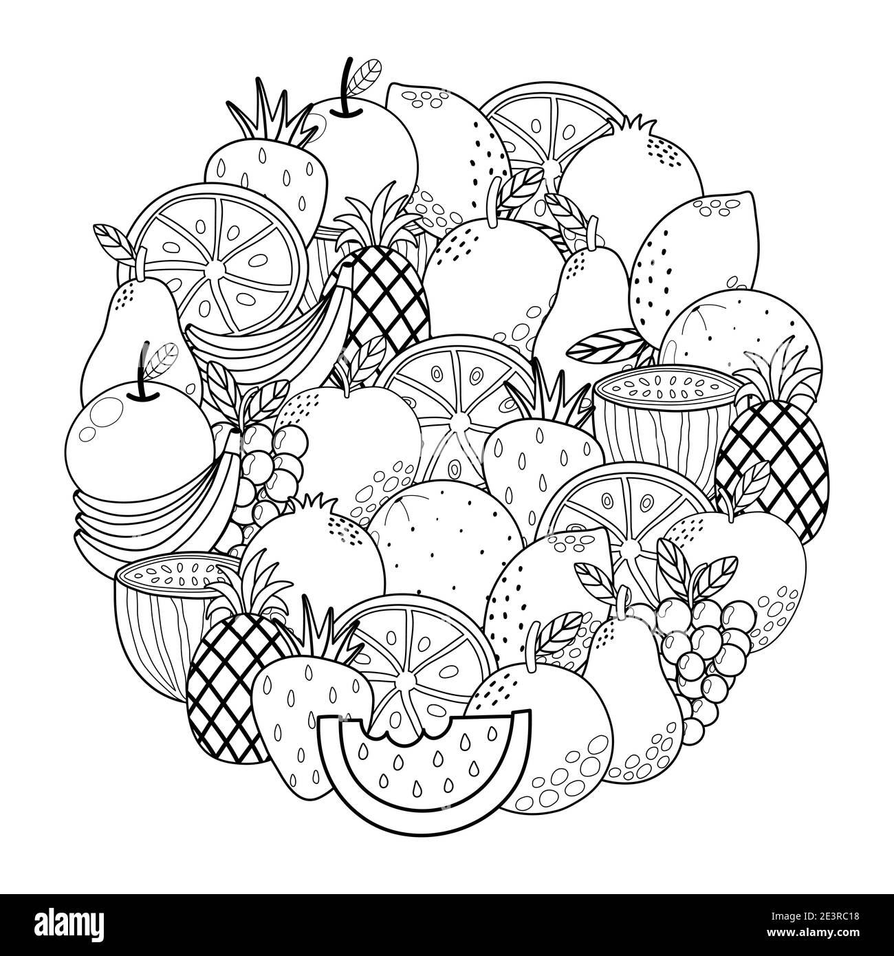 Cercle forme coloriage page avec des fruits. Arrière-plan noir et blanc Illustration de Vecteur
