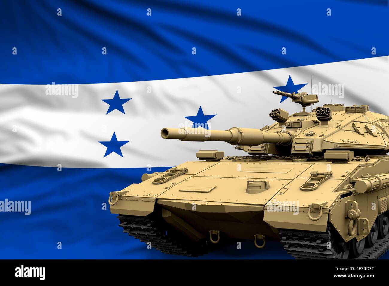 Char lourd avec conception fictive sur fond de drapeau du Honduras - concept moderne des forces armées de chars, militaire 3D Illustration Banque D'Images