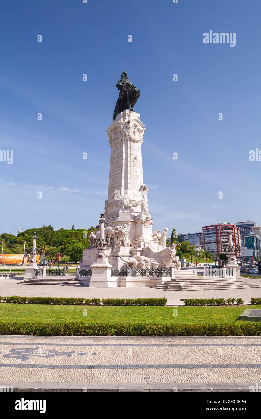 Lisbonne, Portugal - 15 août 2017 : statue de marques de Pombal ou de marquis de Pombal à la journée ensoleillée, photo verticale Banque D'Images
