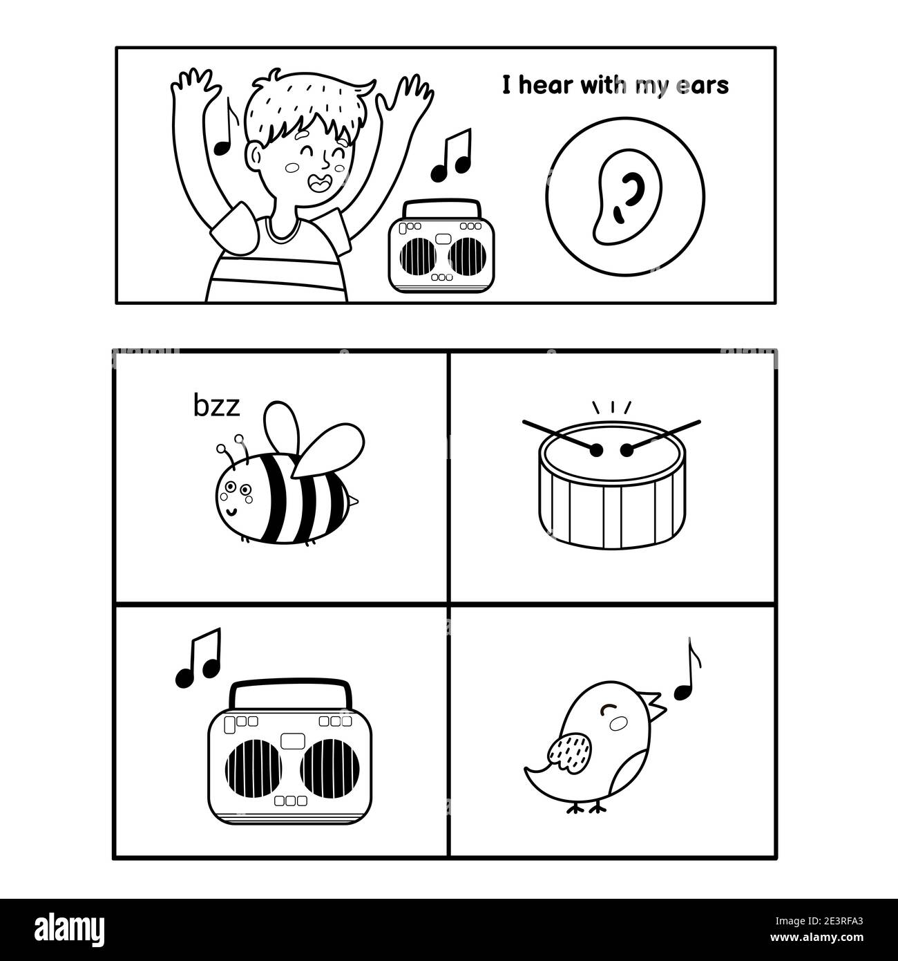 Affiche Five Senses. Page de présentation du système de détection auditive pour les enfants Illustration de Vecteur