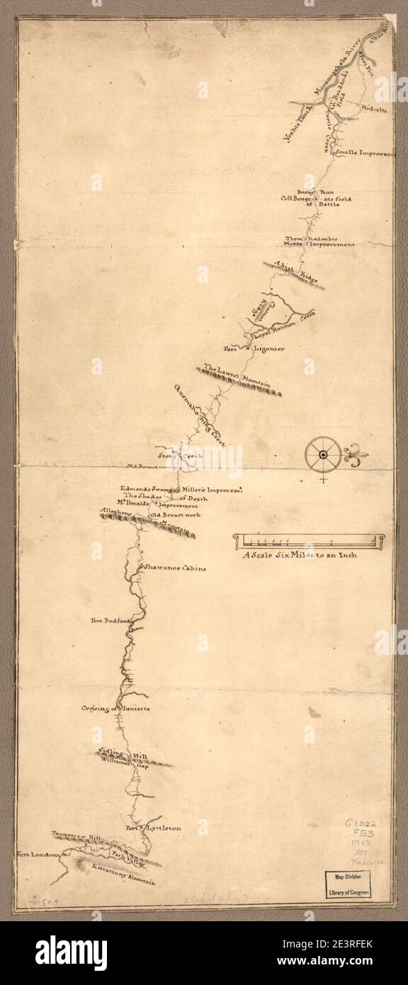 Carte d'un itinéraire à travers le sud-ouest de la Pennsylvanie de fort Loudon, Franklin Co. À fort Pitt, Pittsburgh. Banque D'Images