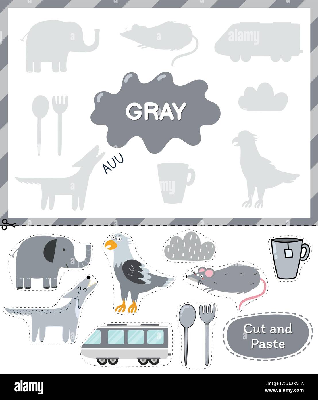 Couleur grise. Coupez les éléments et faites-les correspondre avec les bonnes ombres. Couleur d'apprentissage gris Illustration de Vecteur