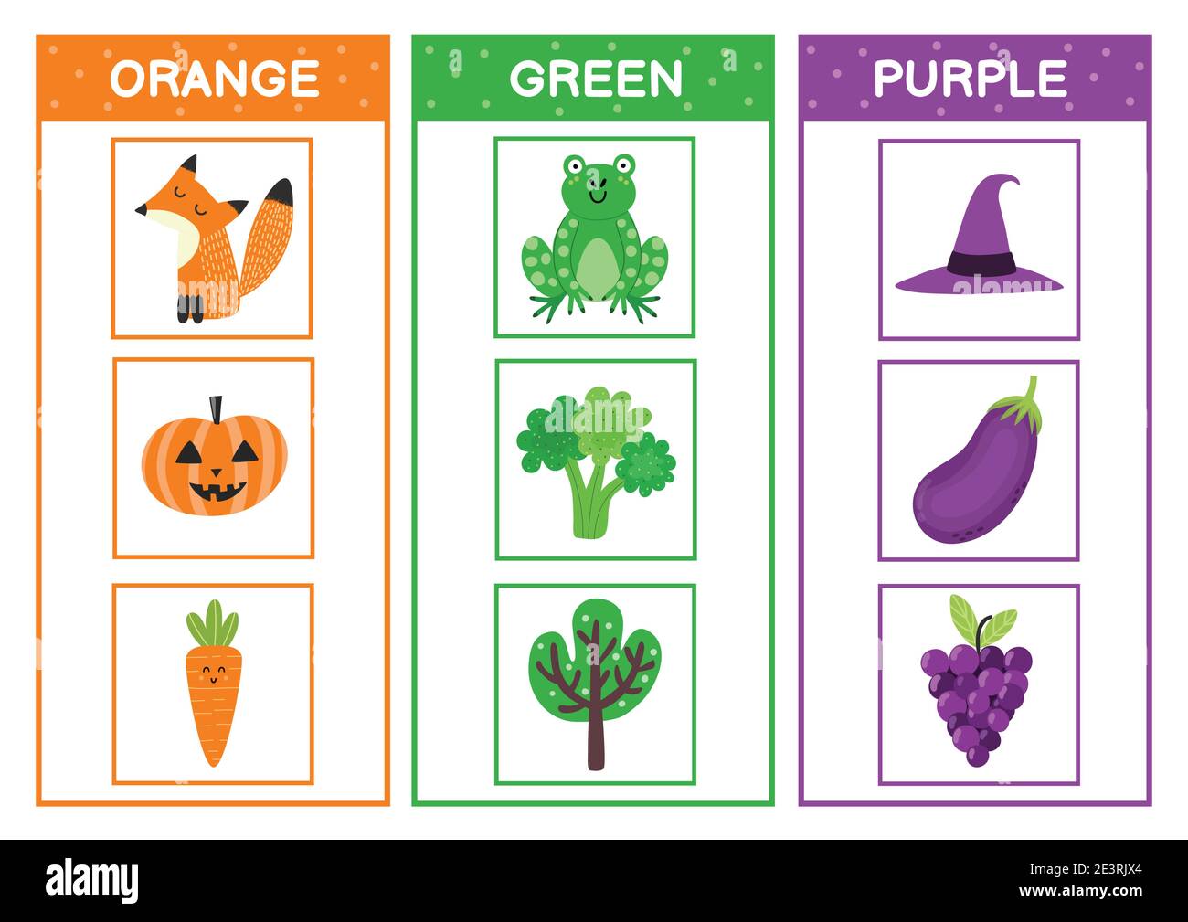 Découvrez les couleurs primaires. Page d'activité de tri des couleurs : orange, vert, violet. Matériel éducatif Illustration de Vecteur