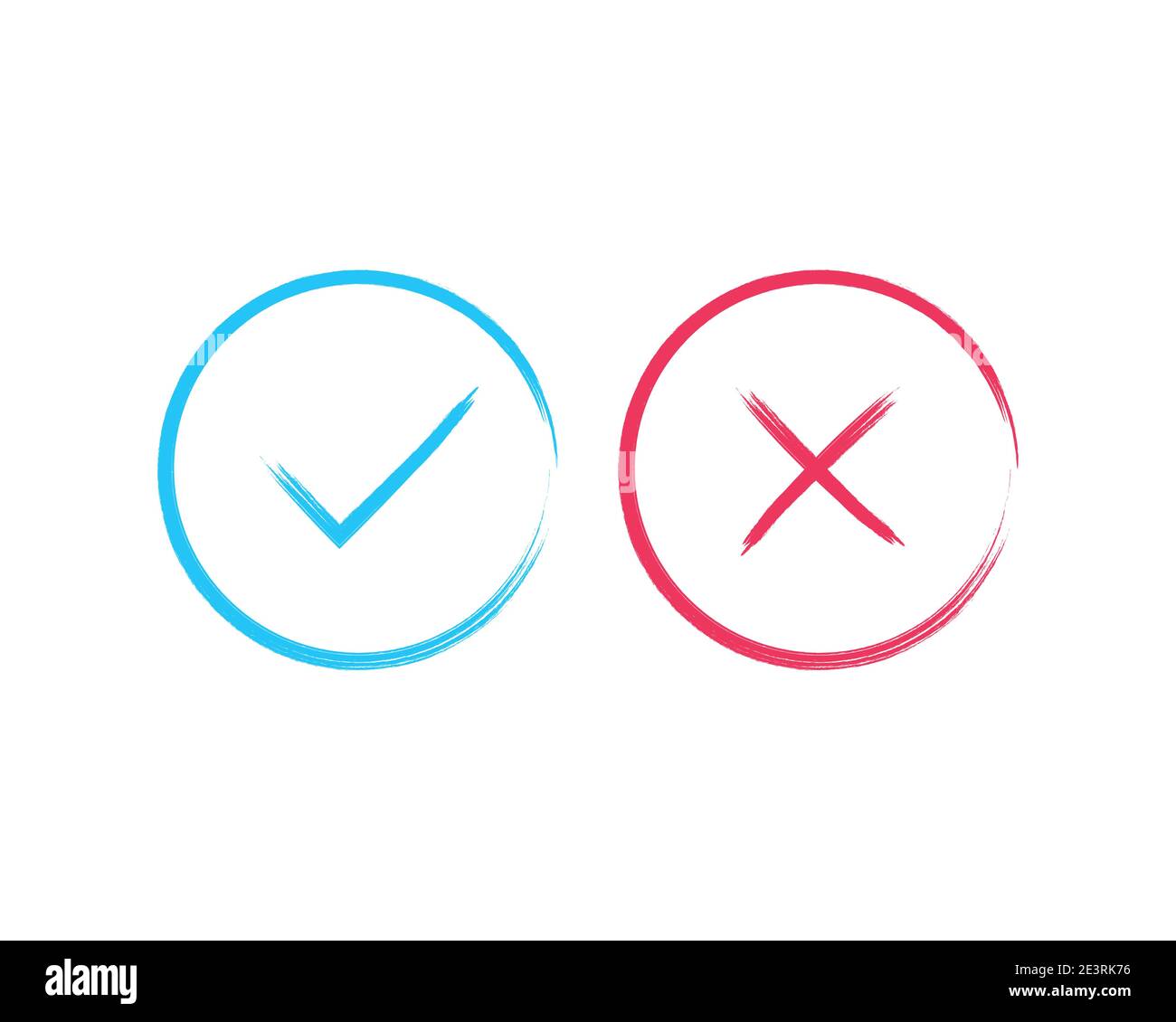 Cochez et croisez les affiches. Coche bleue OK et croix rouge, isolées sur fond blanc. Motif graphique de marques simple. Symboles de cercle bouton OUI et NON f Illustration de Vecteur