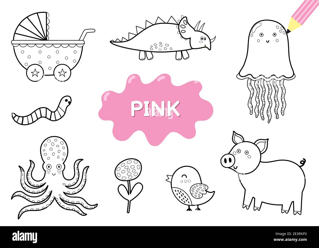 Colorer les éléments en rose. Page de coloriage pour enfants. Matériel éducatif pour l'école Illustration de Vecteur