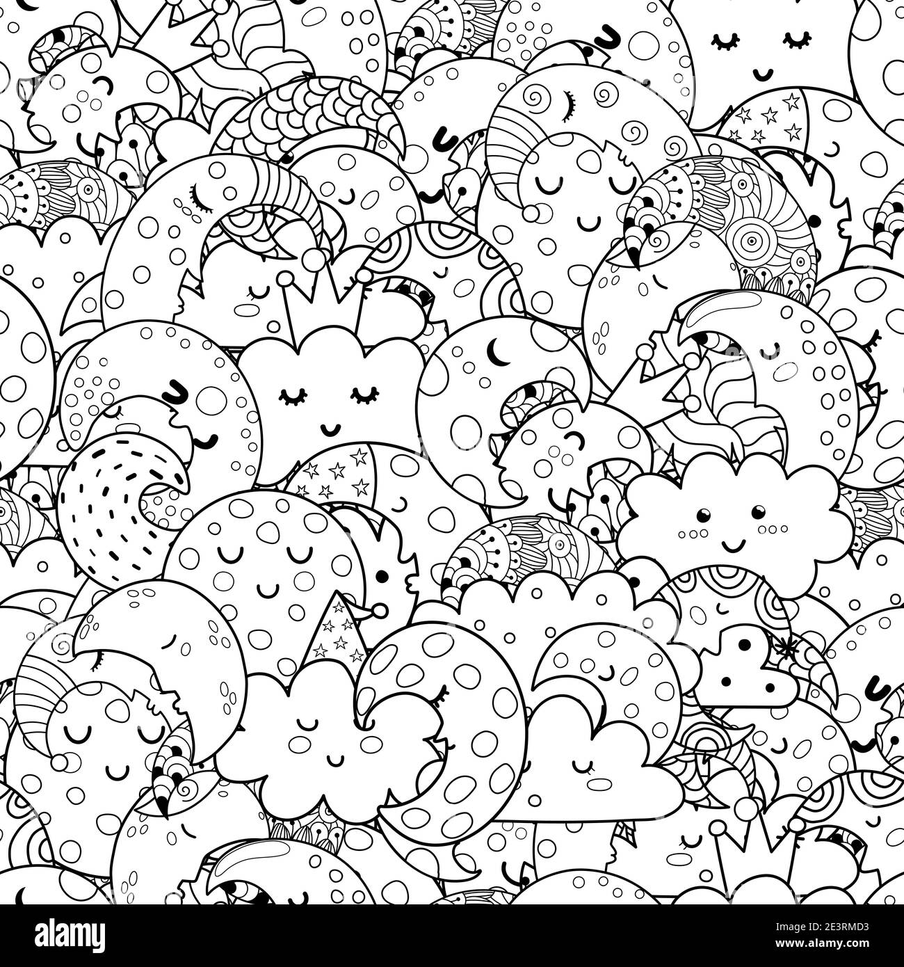 Joli motif transparent et nuages sans coutures noir et blanc. Page de coloriage Doodle Illustration de Vecteur