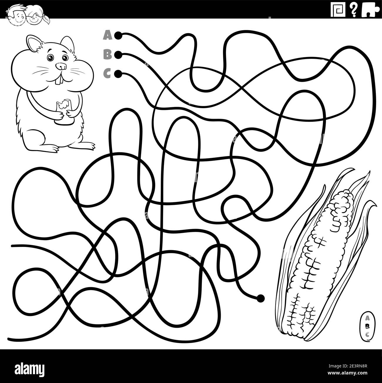 Dessin animé noir et blanc illustration de lignes labyrinthe jeu de puzzle avec le caractère de hamster et le maïs rafle page de livre de coloriage Illustration de Vecteur
