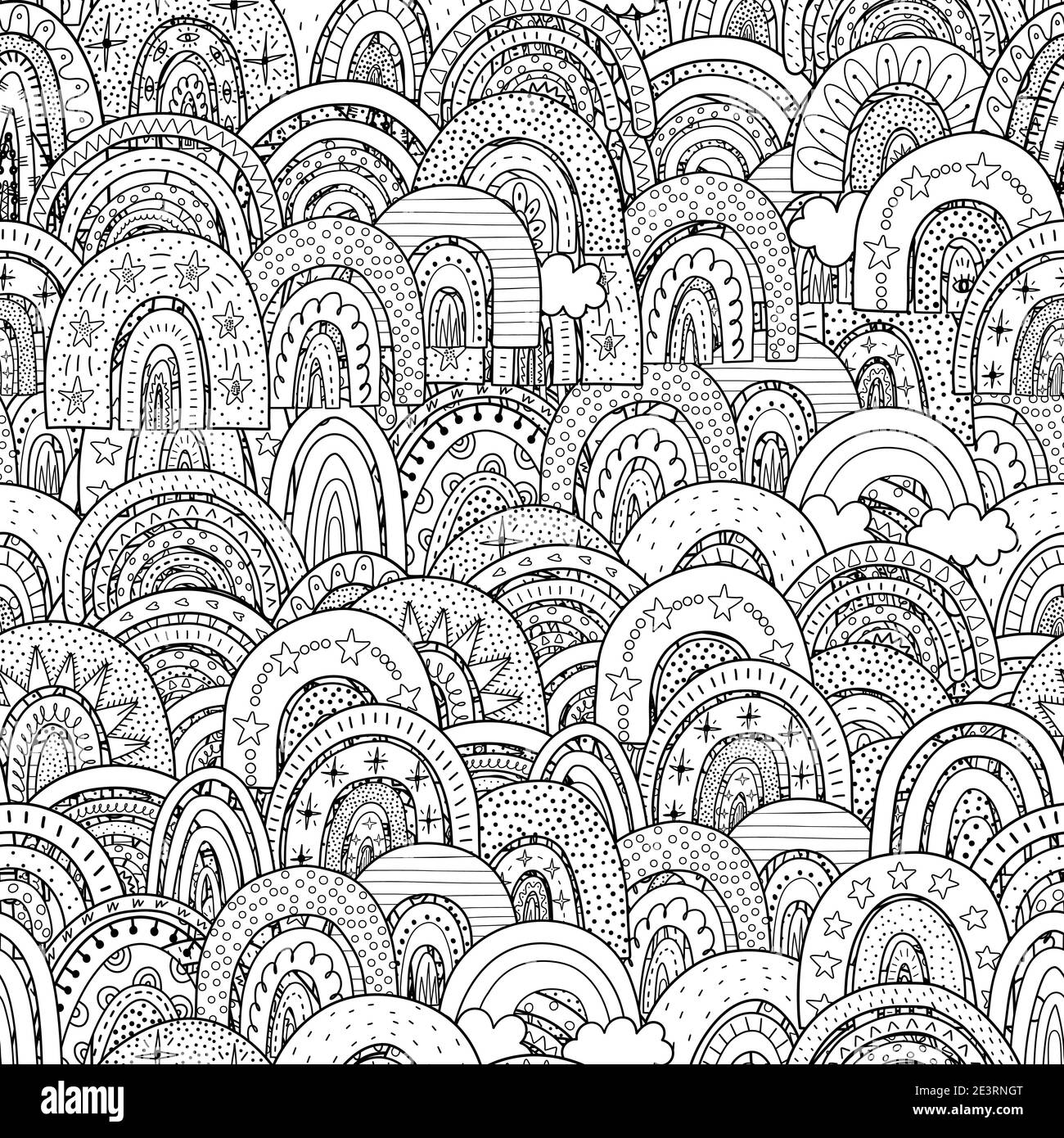 Motif sans coutures noir et blanc en forme d'arc-en-ciel Doodle. Page de coloriage fantaisie pour adultes et enfants Illustration de Vecteur