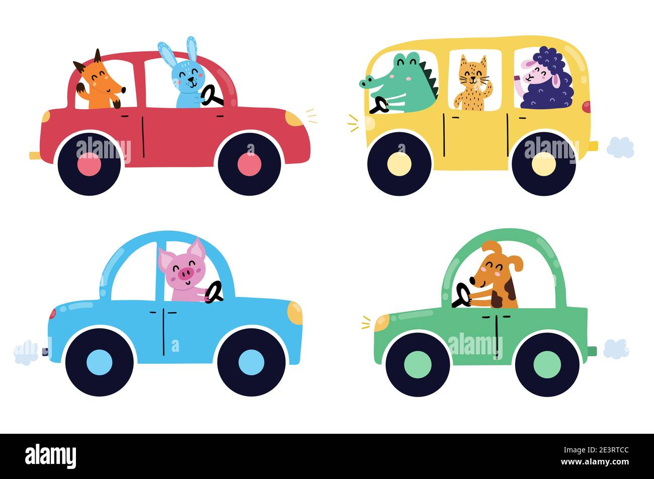 Animaux mignons volant dans voitures clipart ensemble. Personnages de dessins animés dans leurs véhicules pour enfants Illustration de Vecteur