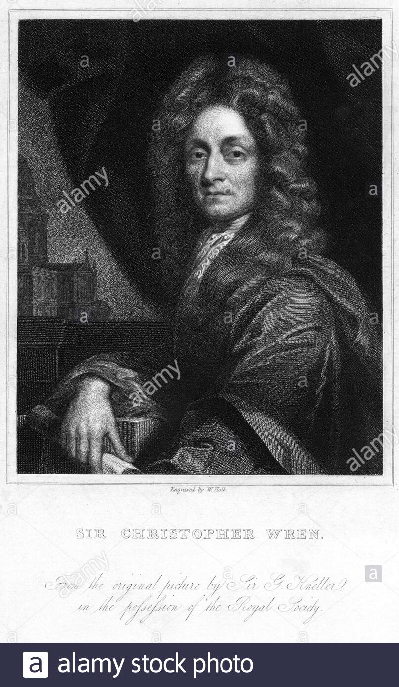 Sir Christopher Wren portrait, 1632 – 1723, était un architecte anglais très acclamé, ainsi qu'un anatomiste, astronome, géomètre et mathématicien-physicien, illustration ancienne de 1880 Banque D'Images