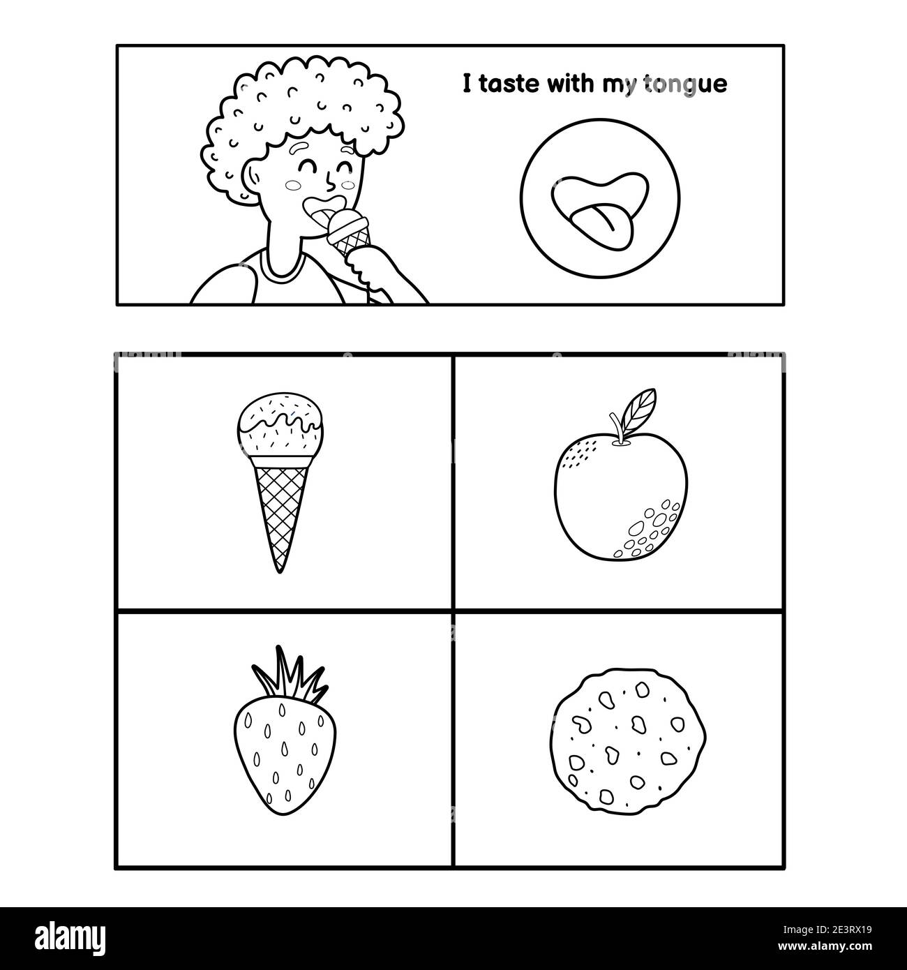 Affiche Five Senses. Page de présentation goût Sense pour les enfants Illustration de Vecteur