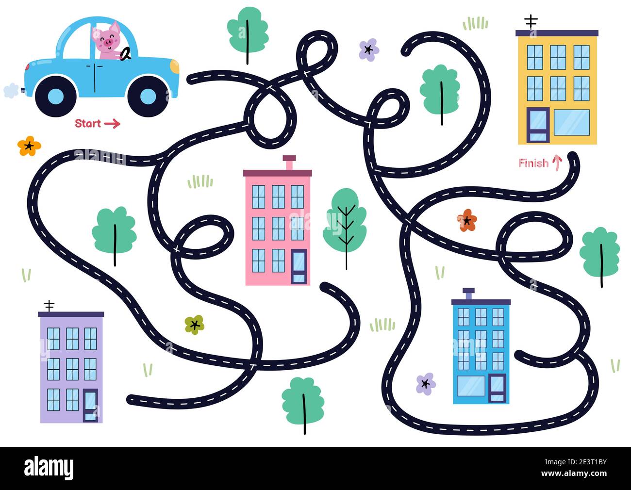 Aidez les petits cochons à trouver le chemin vers la maison. Conduisez le puzzle de labyrinthe de voiture pour les enfants Illustration de Vecteur