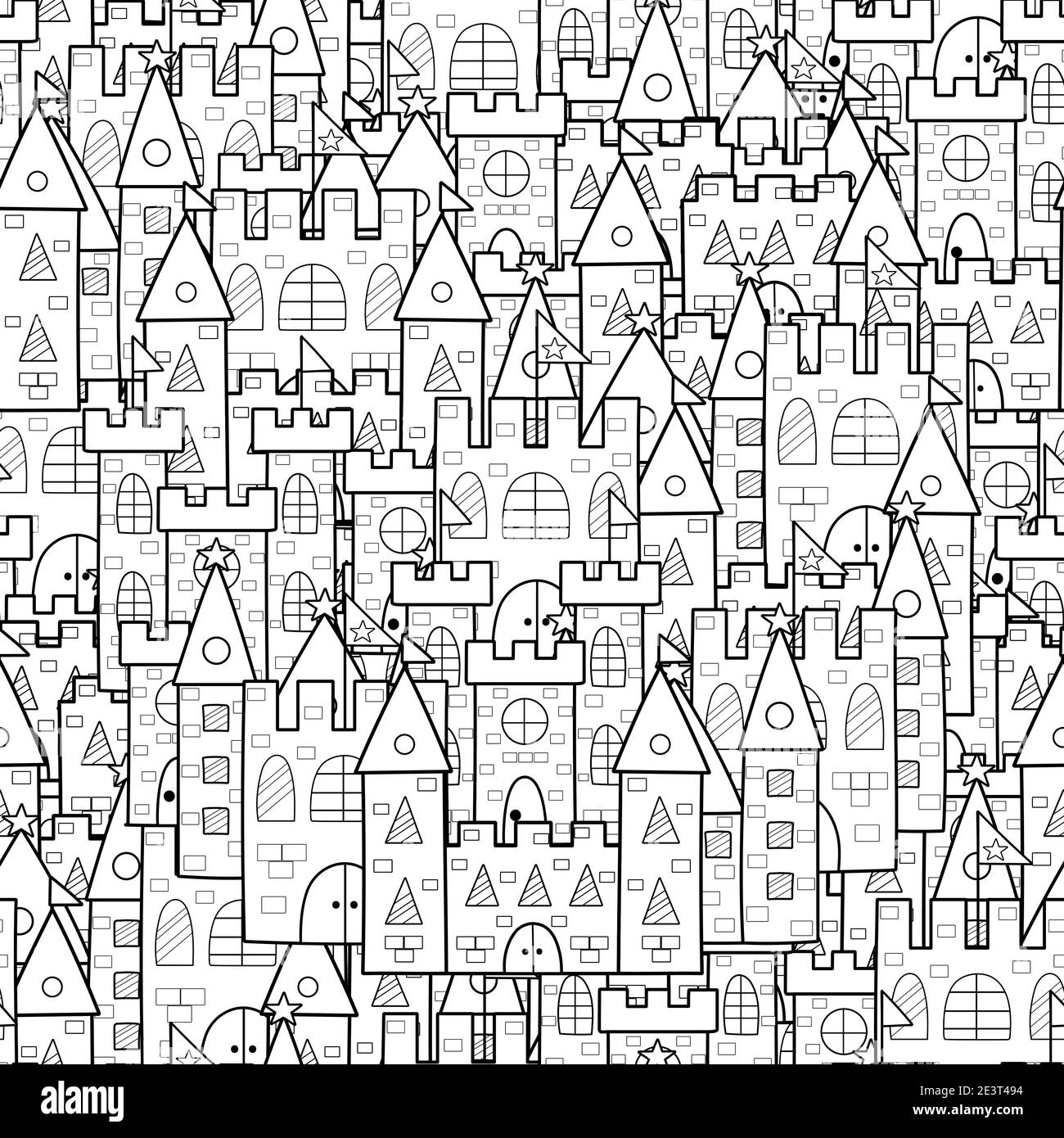 Motif noir et blanc sans couture Magic kingdom. Page de coloriage fantaisie Illustration de Vecteur