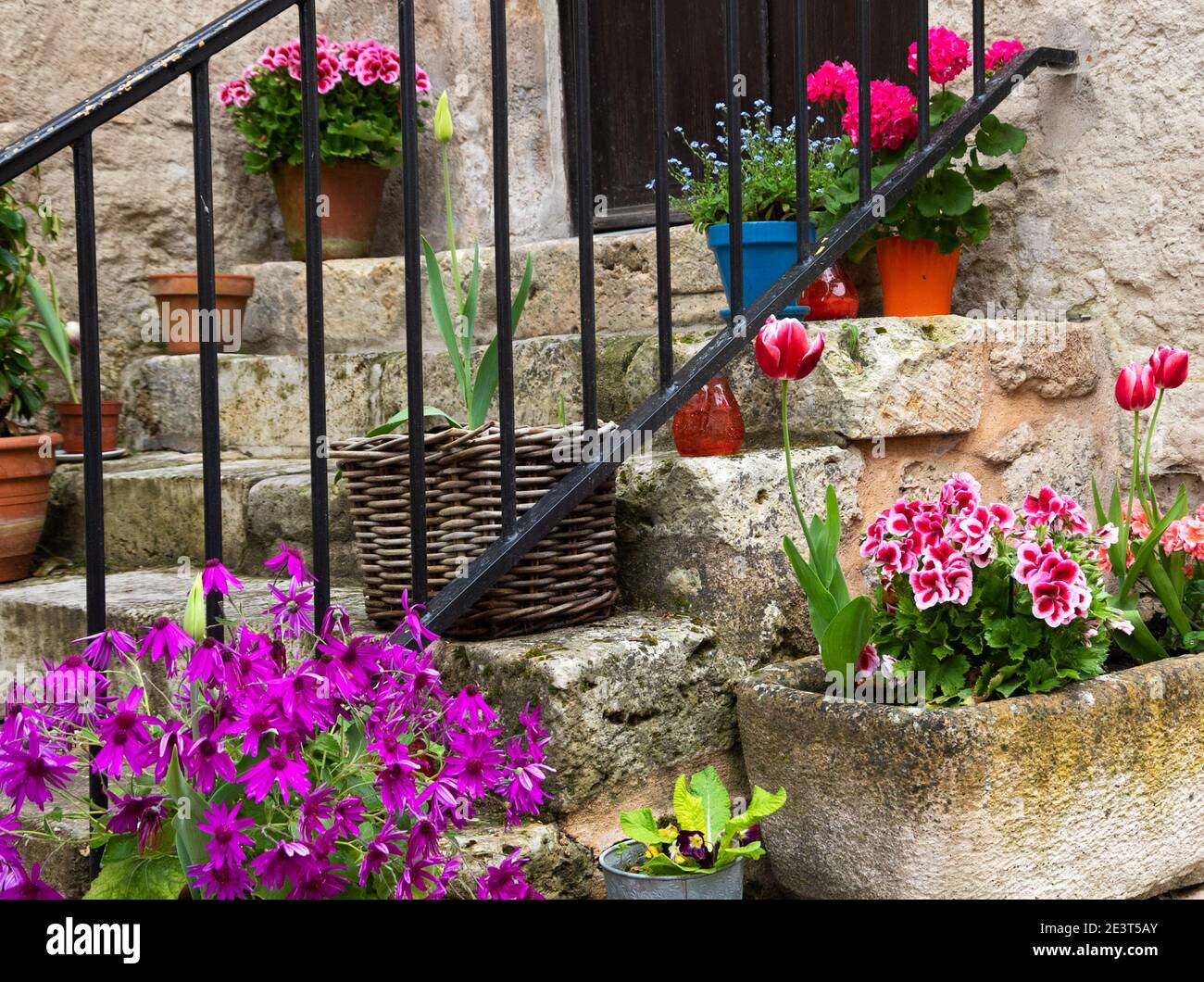 Ancienne maison en pierre entrée avec des pots de fleurs colorés sur Narrow Street dans le village médiéval français, Nouvelle-Aquitaine Banque D'Images